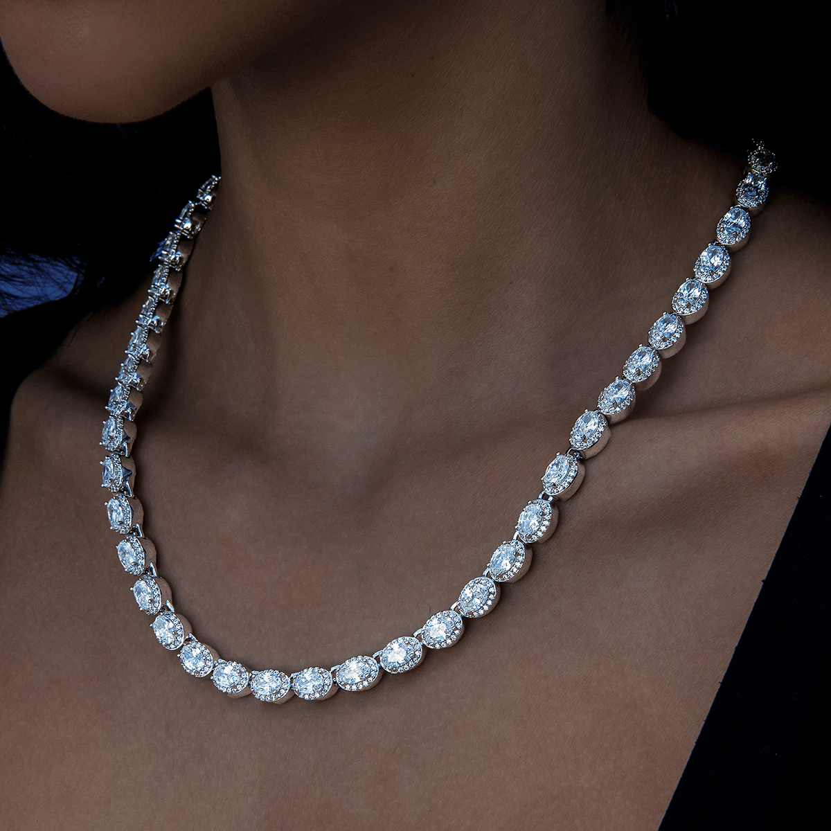 GLD Women Diamond Oval Clustered Tennis Necklace in White Gold - 4 mm