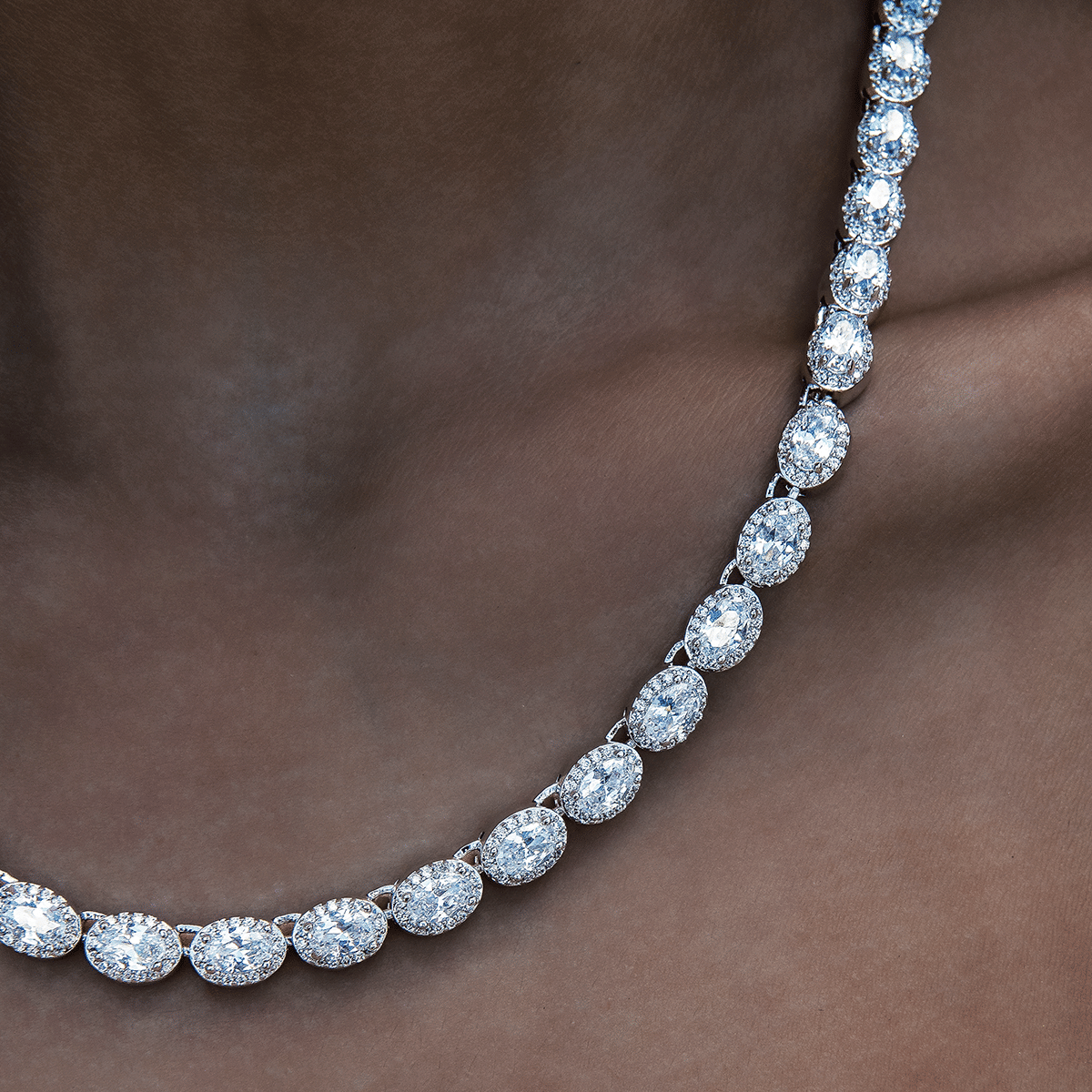 GLD Women Diamond Oval Clustered Tennis Necklace in White Gold - 4 mm