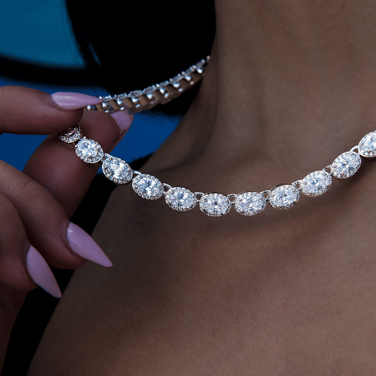 GLD Women Diamond Oval Clustered Tennis Necklace in White Gold - 4 mm