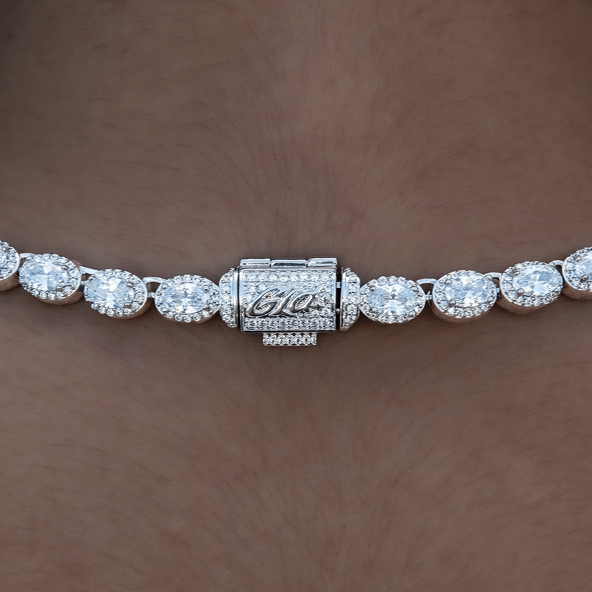 GLD Women Diamond Oval Clustered Tennis Necklace in White Gold - 4 mm
