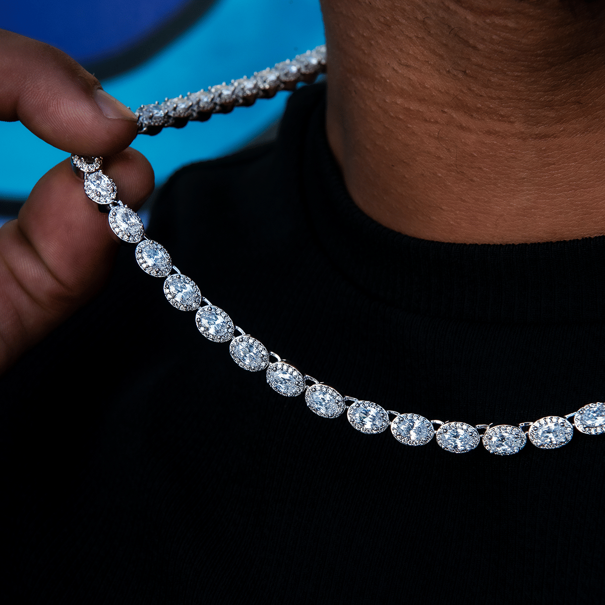 GLD Men Diamond Oval Clustered Tennis Chain in White Gold - 4 mm