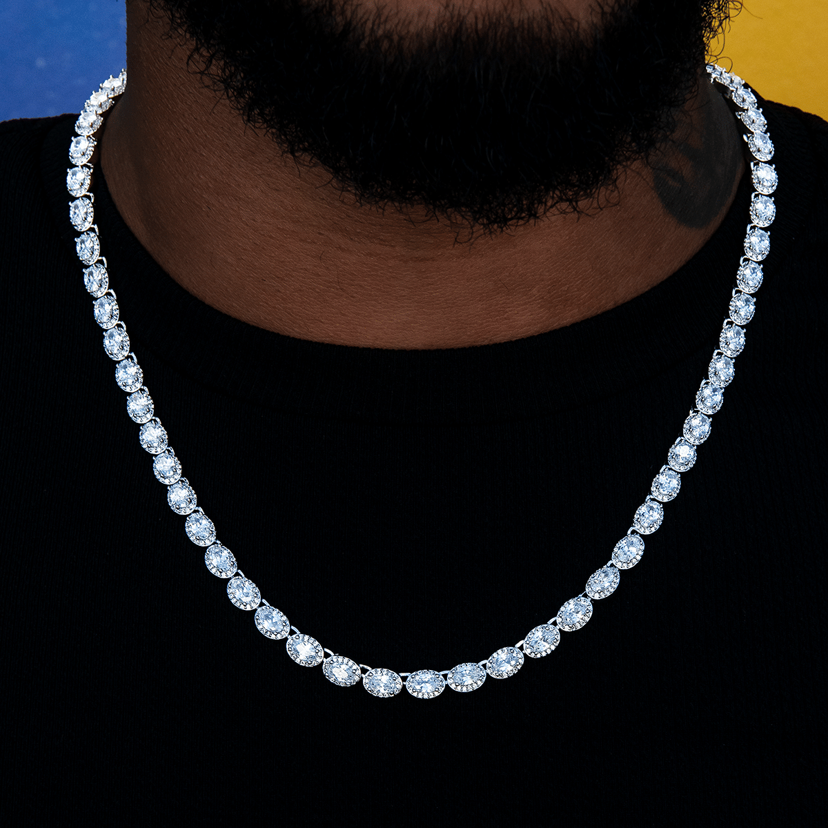 GLD Men Diamond Oval Clustered Tennis Chain in White Gold - 4 mm