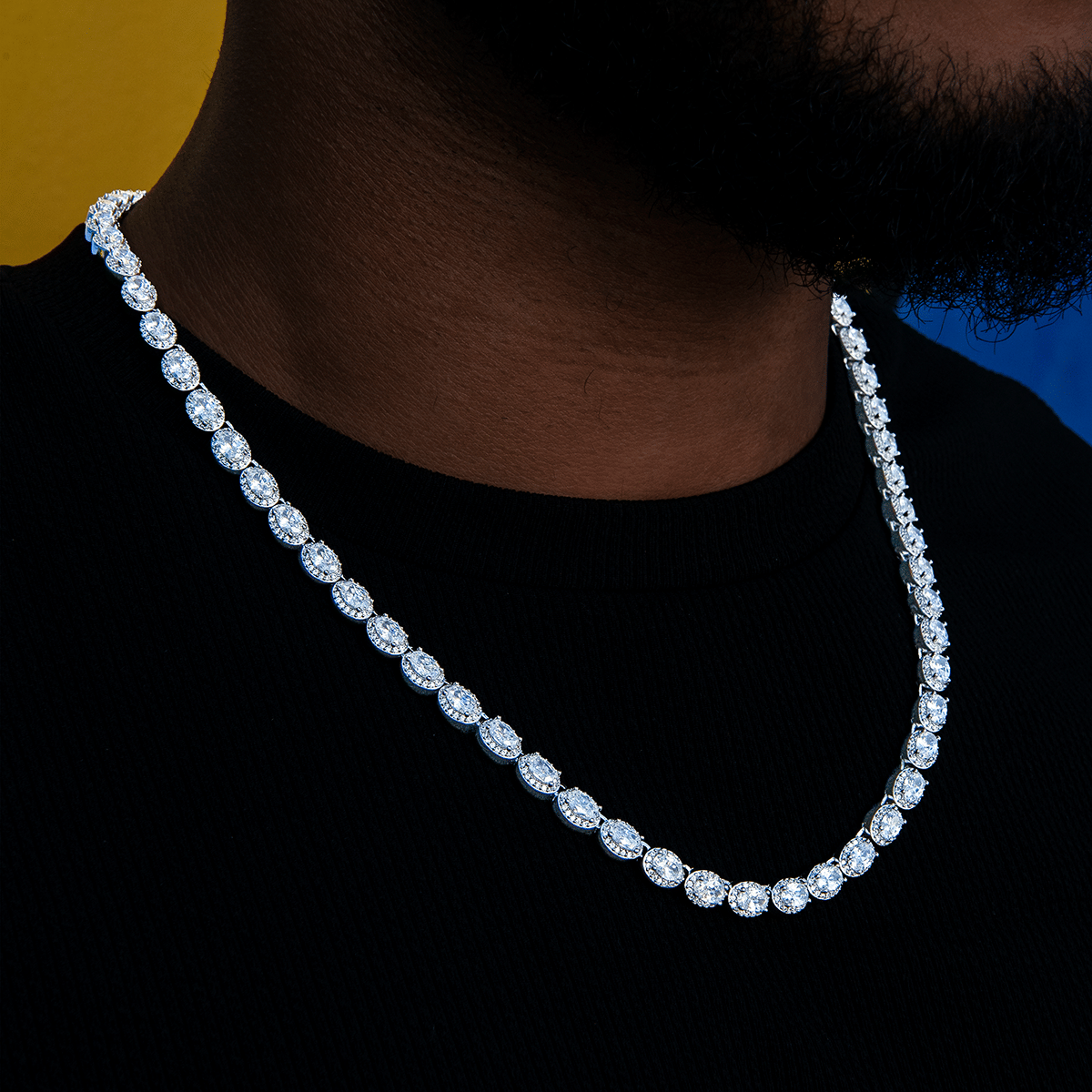 GLD Men Diamond Oval Clustered Tennis Chain in White Gold - 4 mm