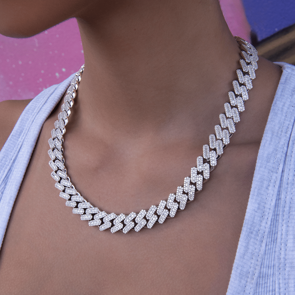 GLD Women Diamond Baguette Cuban Necklace in White Gold - 12 mm