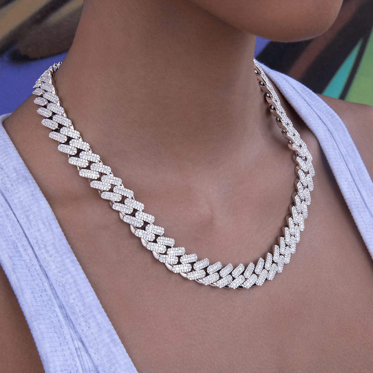 GLD Women Diamond Baguette Cuban Necklace in White Gold - 12 mm