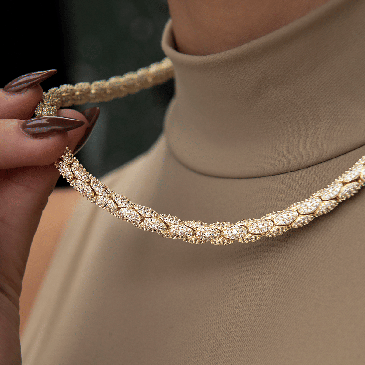 GLD Women Diamond Pave Snake Link Necklace in Yellow Gold - 6 mm