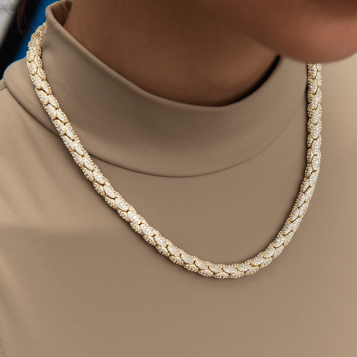GLD Women Diamond Pave Snake Link Necklace in Yellow Gold - 6 mm