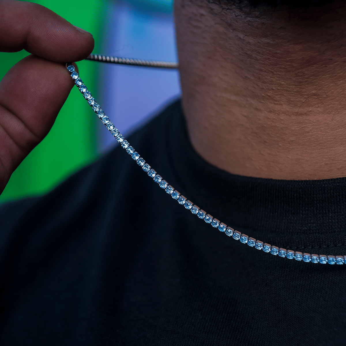 GLD Men Blue Topaz Diamond Micro Tennis Chain in White Gold
