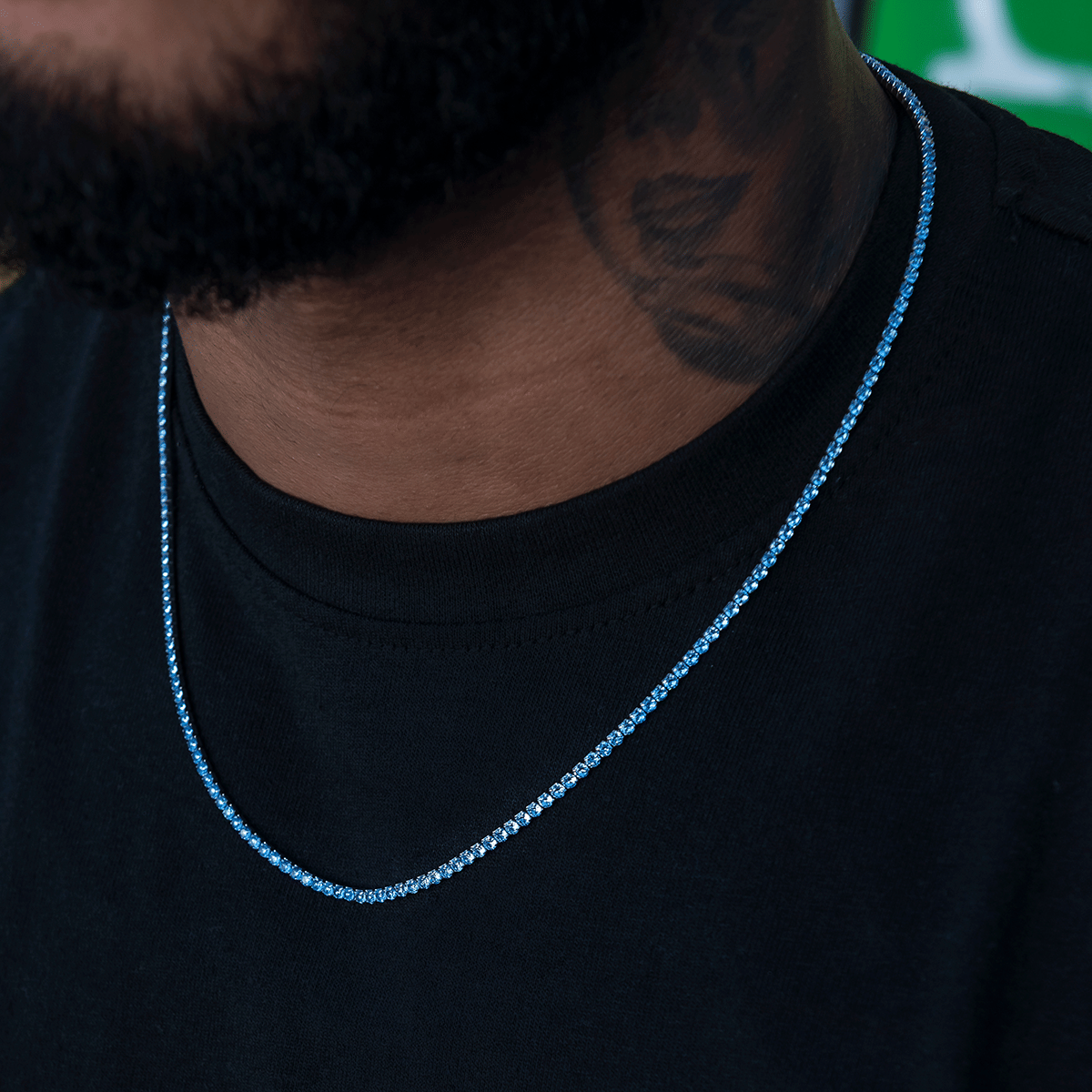 GLD Men Blue Topaz Diamond Micro Tennis Chain in White Gold