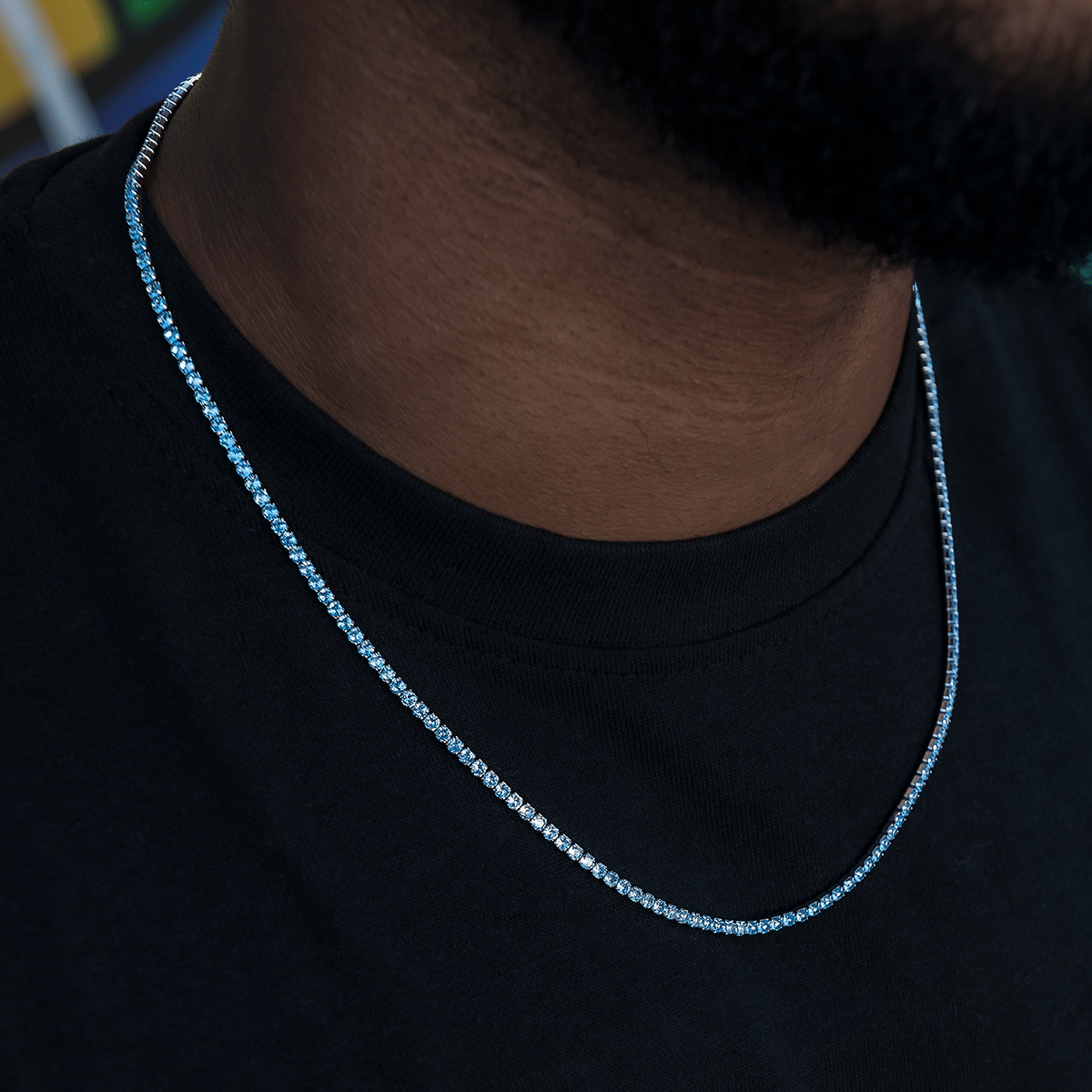 GLD Men Blue Topaz Diamond Micro Tennis Chain in White Gold