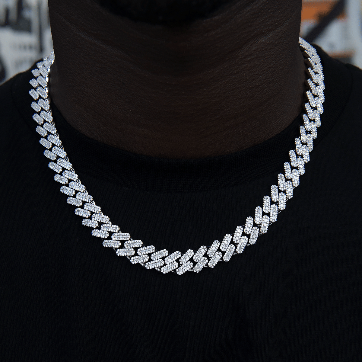 GLD Men Diamond Baguette Cuban Chain in White Gold - 12 mm