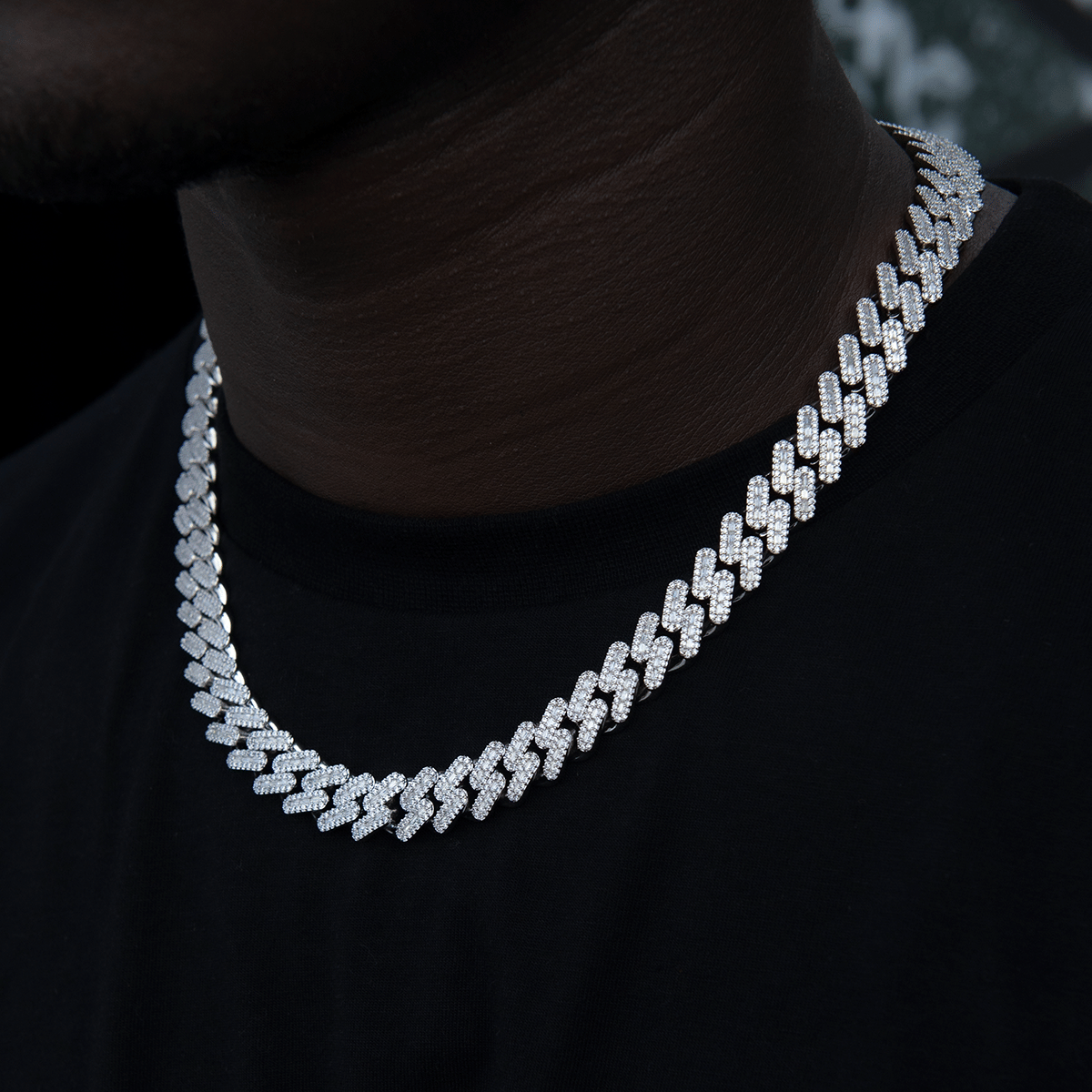 GLD Men Diamond Baguette Cuban Chain in White Gold - 12 mm