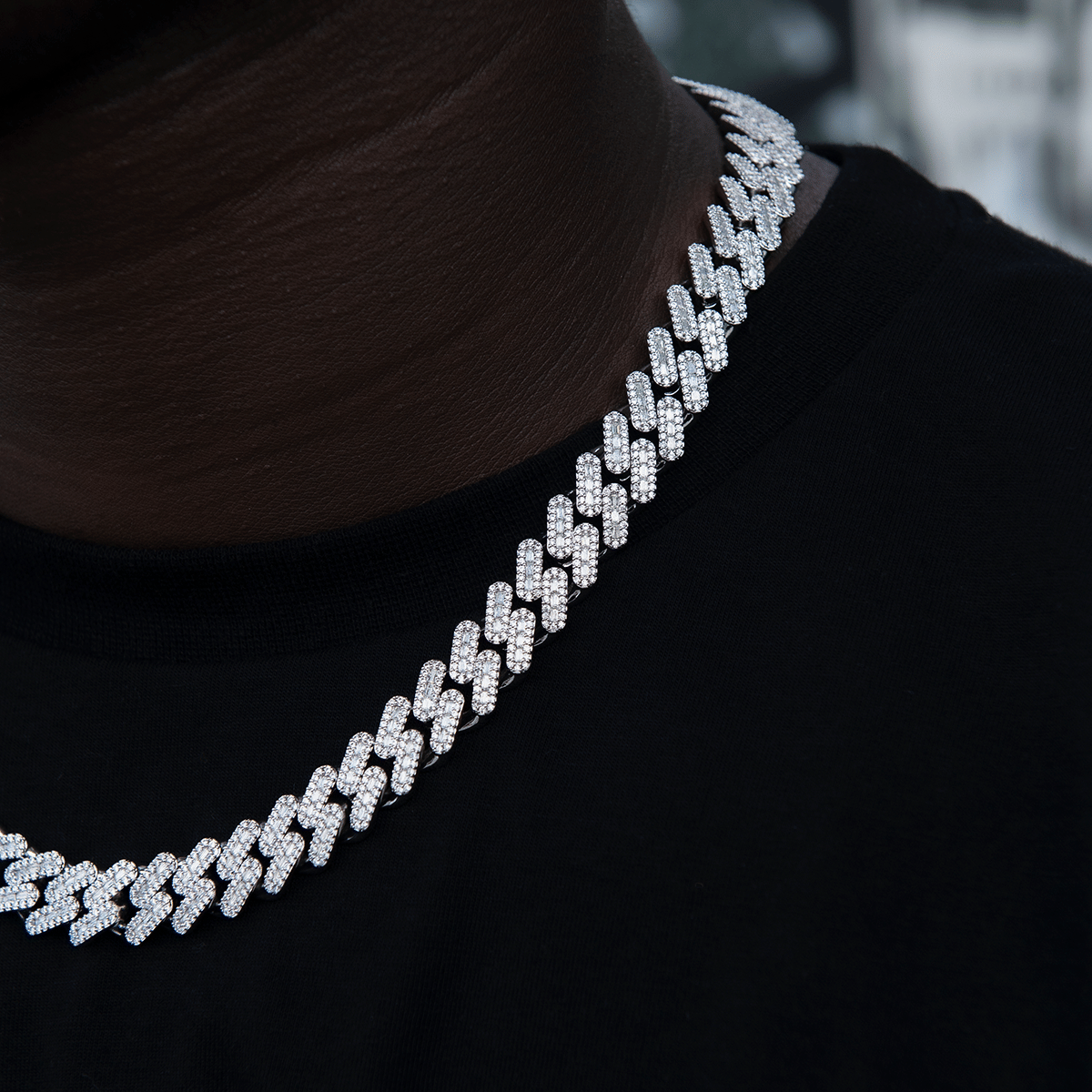 GLD Men Diamond Baguette Cuban Chain in White Gold - 12 mm