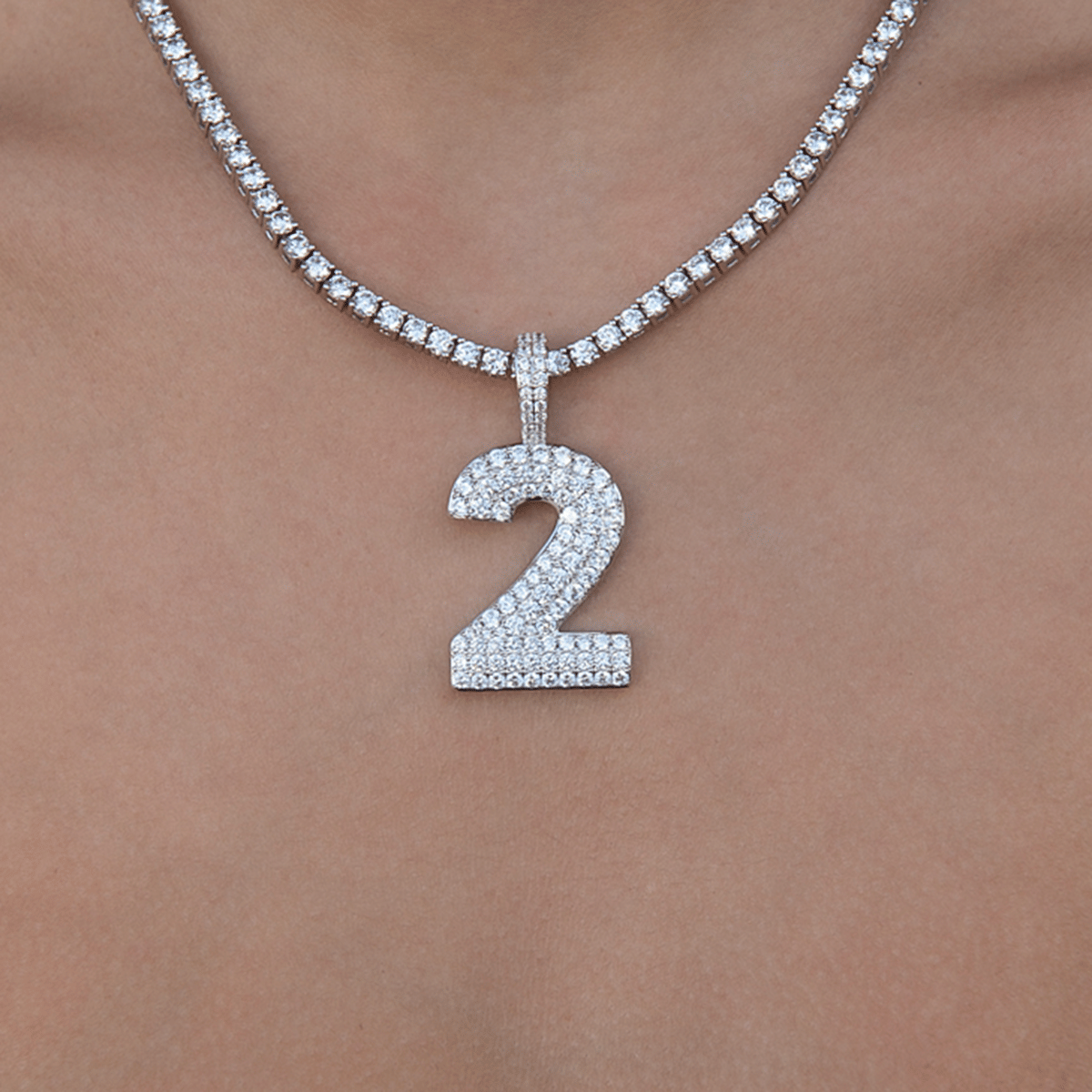 GLD Women Pave Number Pendants in White Gold