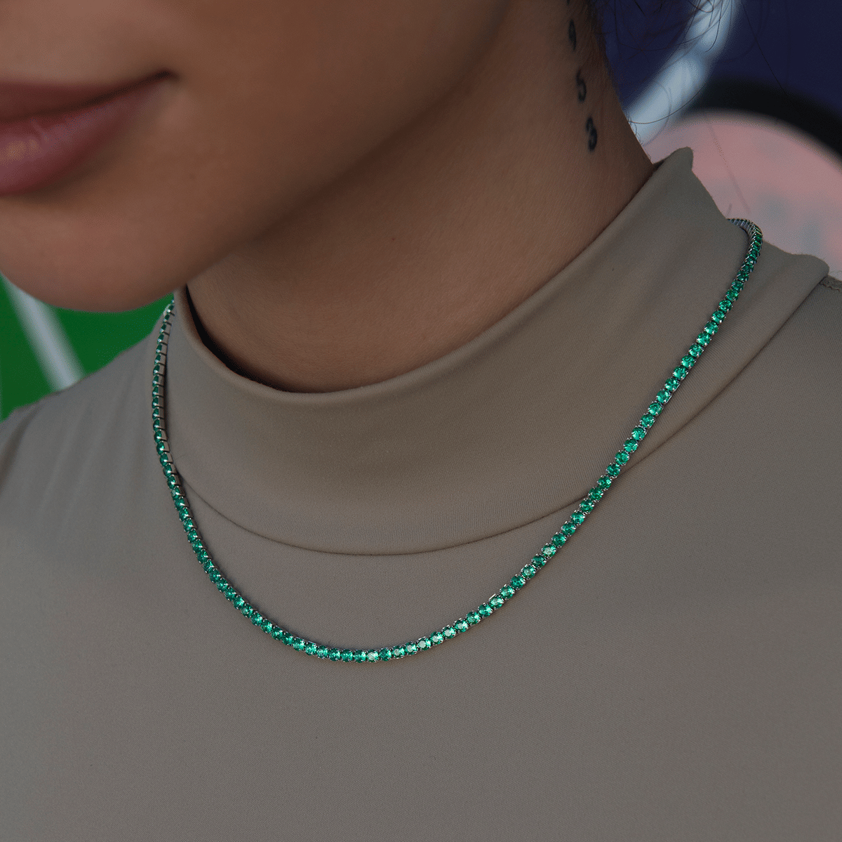 GLD Women Emerald Diamond Micro Tennis Necklace in White Gold
