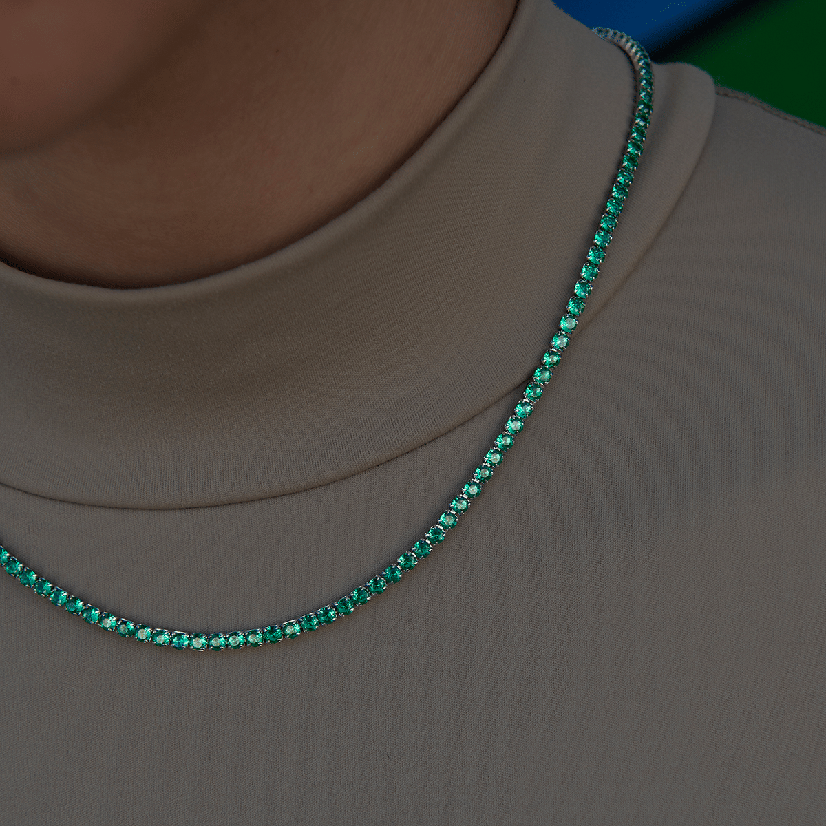 GLD Women Emerald Diamond Micro Tennis Necklace in White Gold
