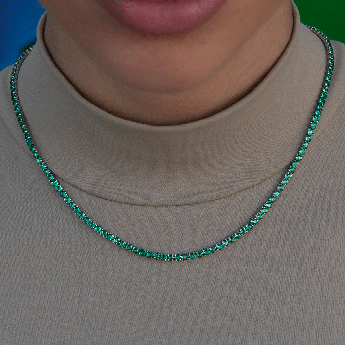GLD Women Emerald Diamond Micro Tennis Necklace in White Gold
