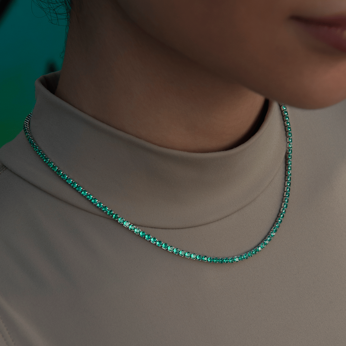 GLD Women Emerald Diamond Micro Tennis Necklace in White Gold