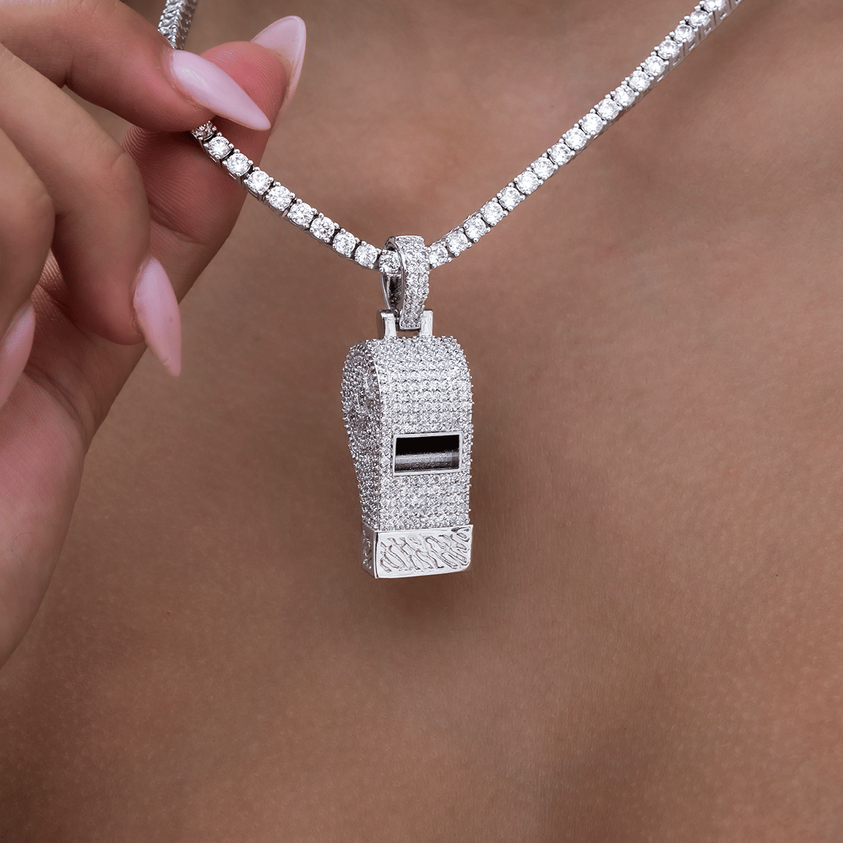 GLD Women Iced Functioning Coaches Whistle Pendant in White Gold