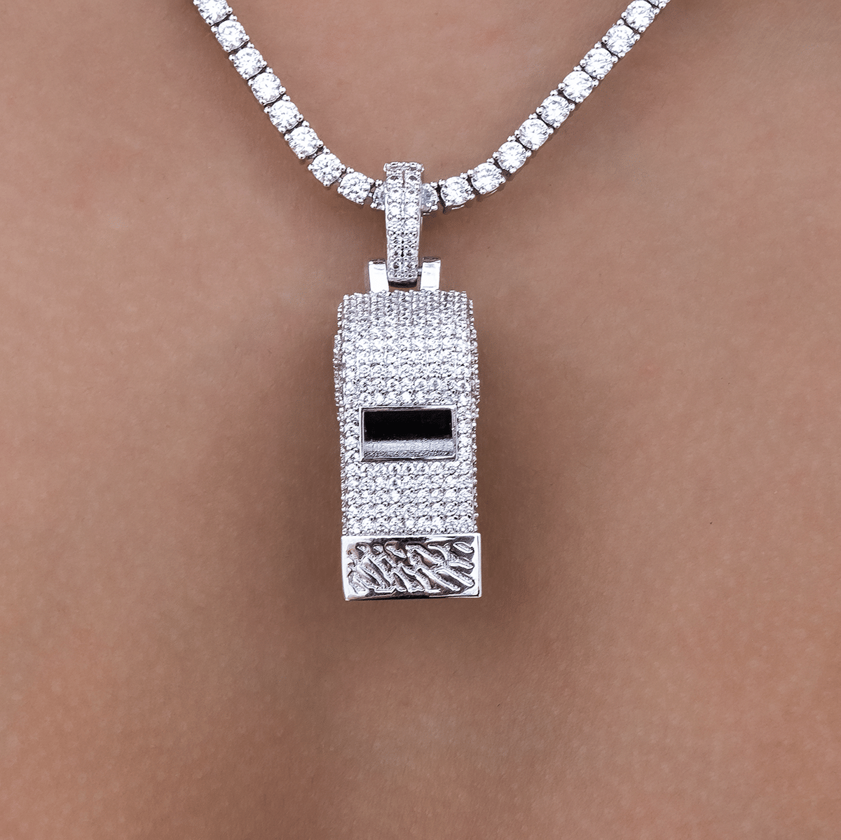 GLD Women Iced Functioning Coaches Whistle Pendant in White Gold