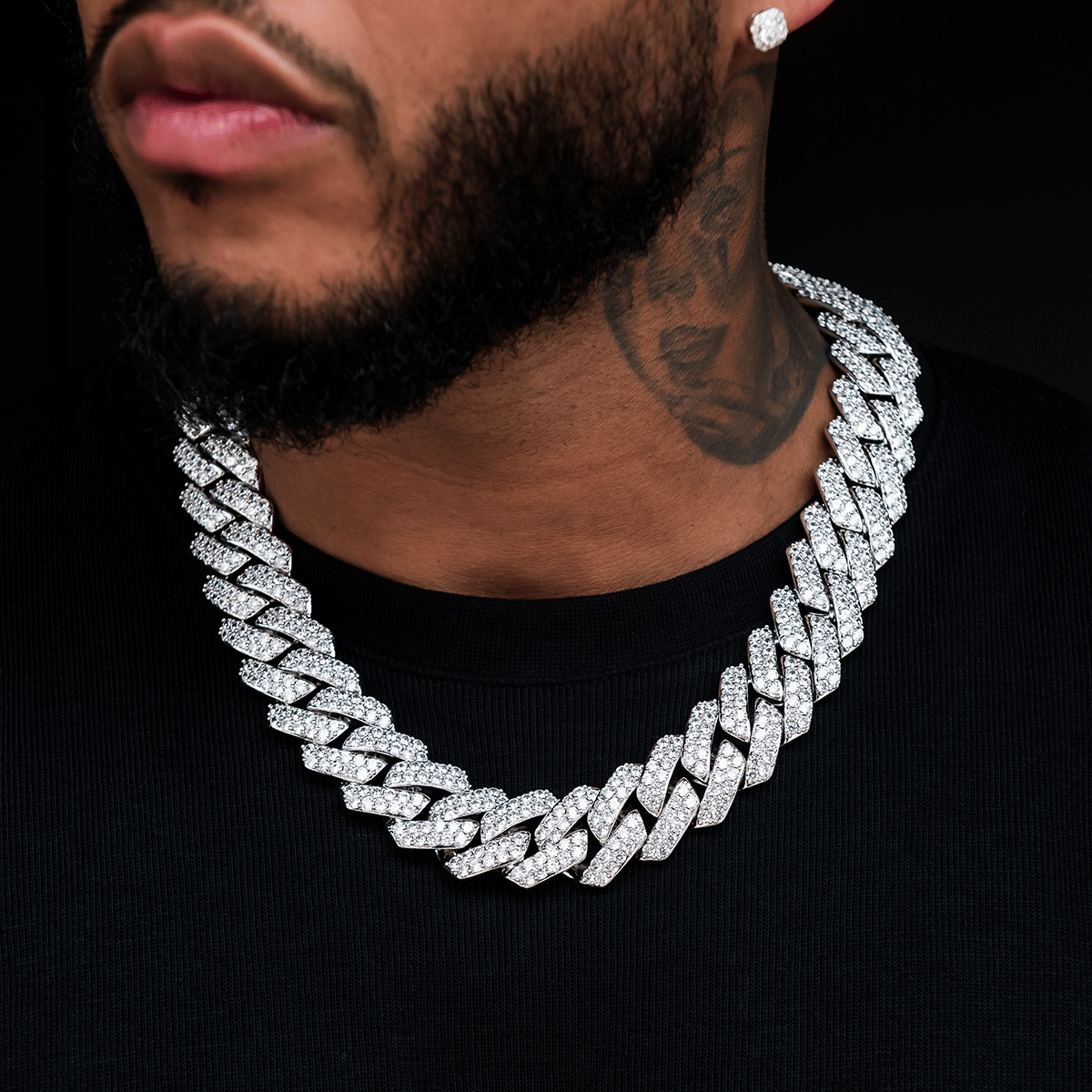 GLD Men Diamond Prong Link Chain in White Gold - 25 mm