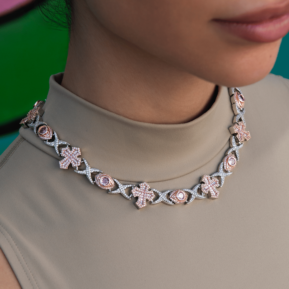 GLD Women Baguette Cross Evil Eye Necklace in Rose Gold - 16 mm