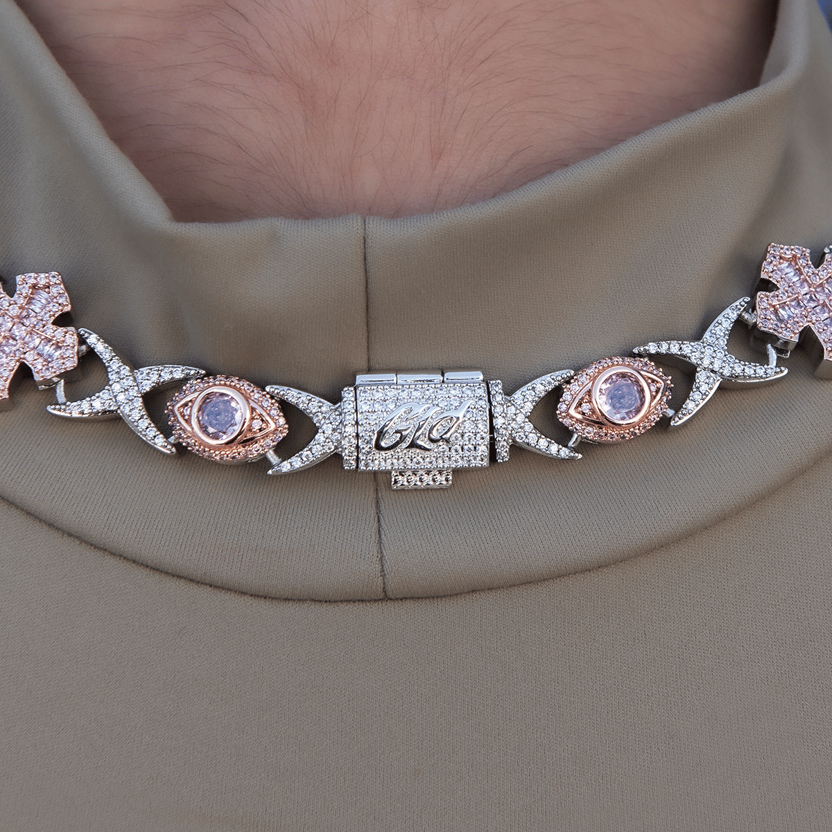 GLD Women Baguette Cross Evil Eye Necklace in Rose Gold - 16 mm