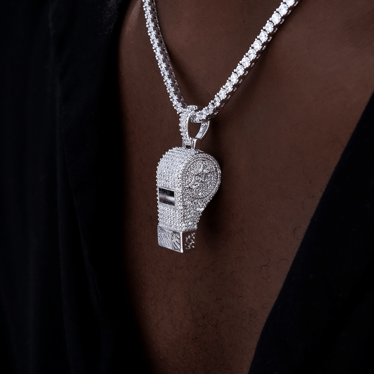 GLD Men Iced Functioning Coaches Whistle Pendant in White Gold