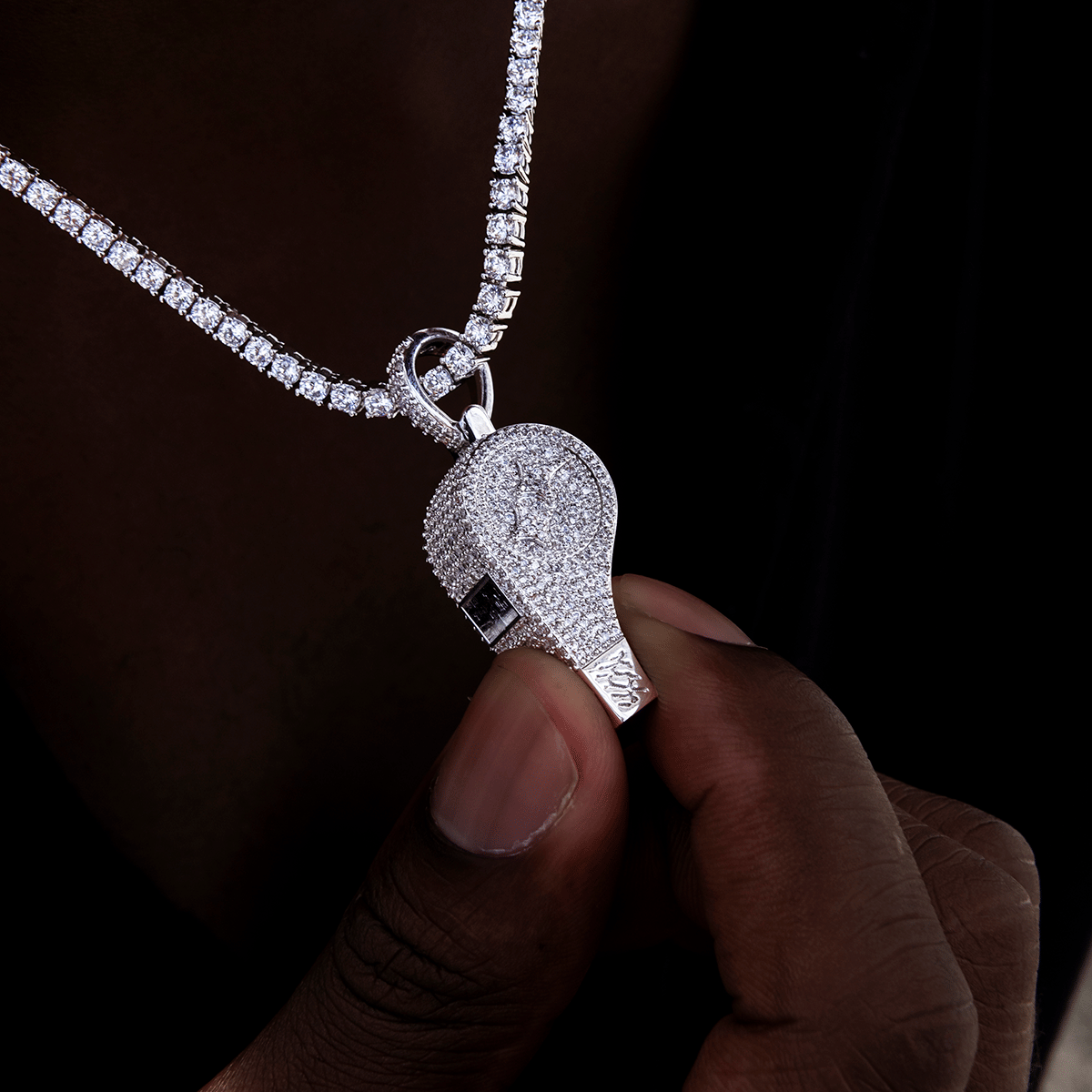 GLD Men Iced Functioning Coaches Whistle Pendant in White Gold