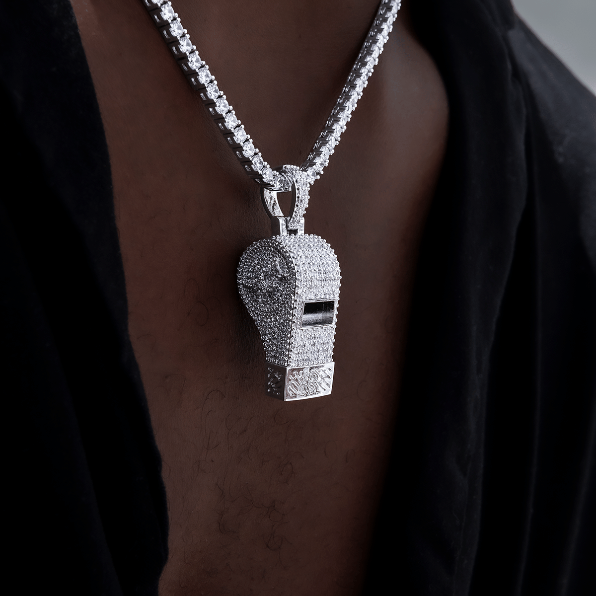 GLD Men Iced Functioning Coaches Whistle Pendant in White Gold