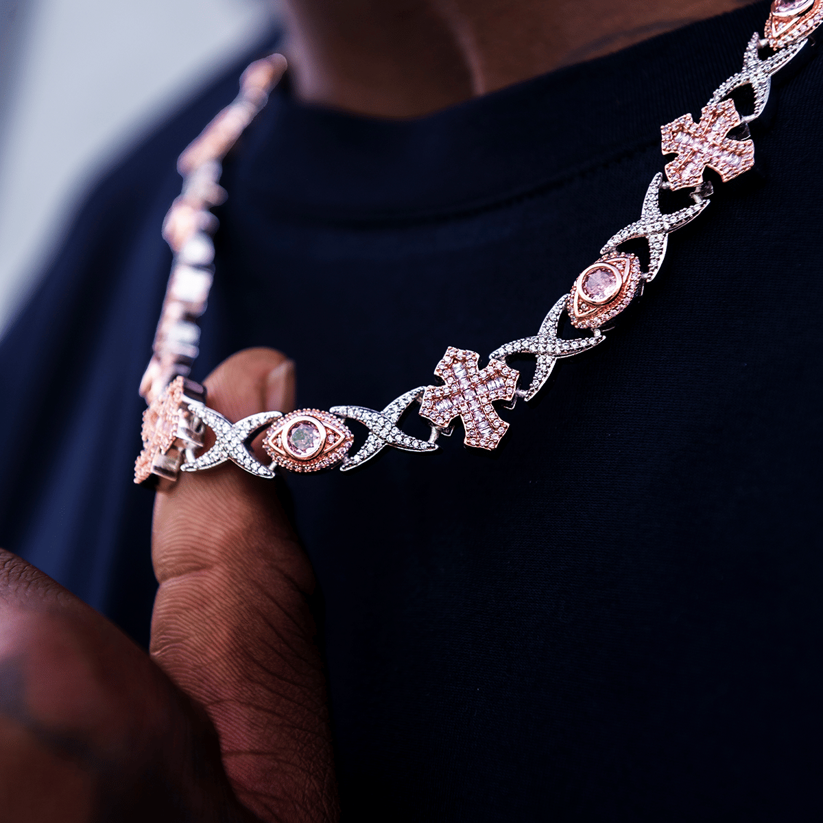 GLD Men Baguette Cross Evil Eye Chain in Rose Gold - 16 mm