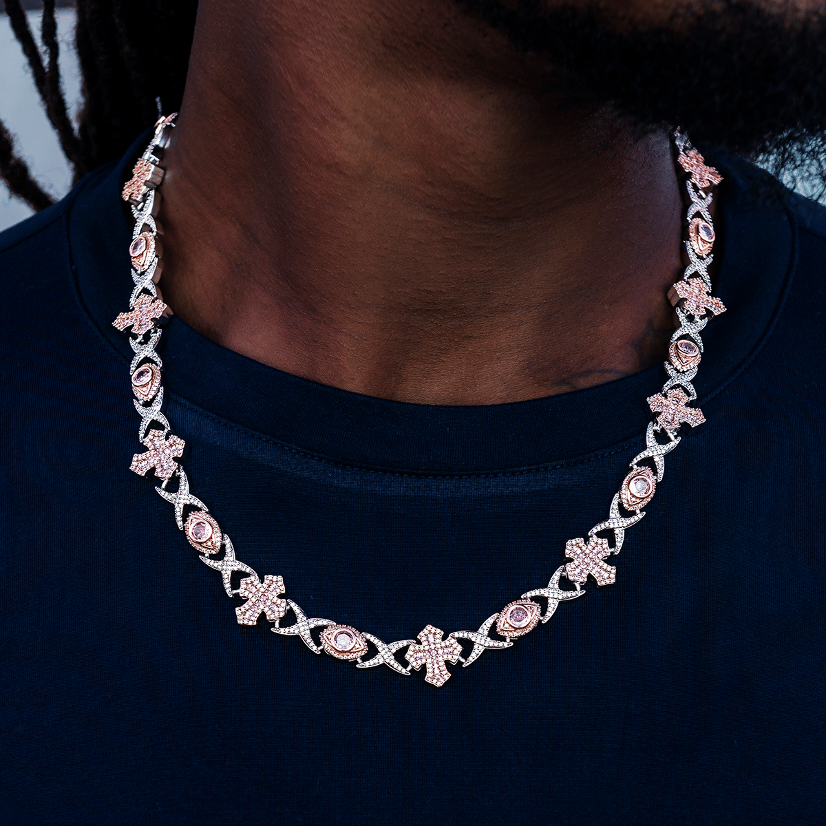 GLD Men Baguette Cross Evil Eye Chain in Rose Gold - 16 mm