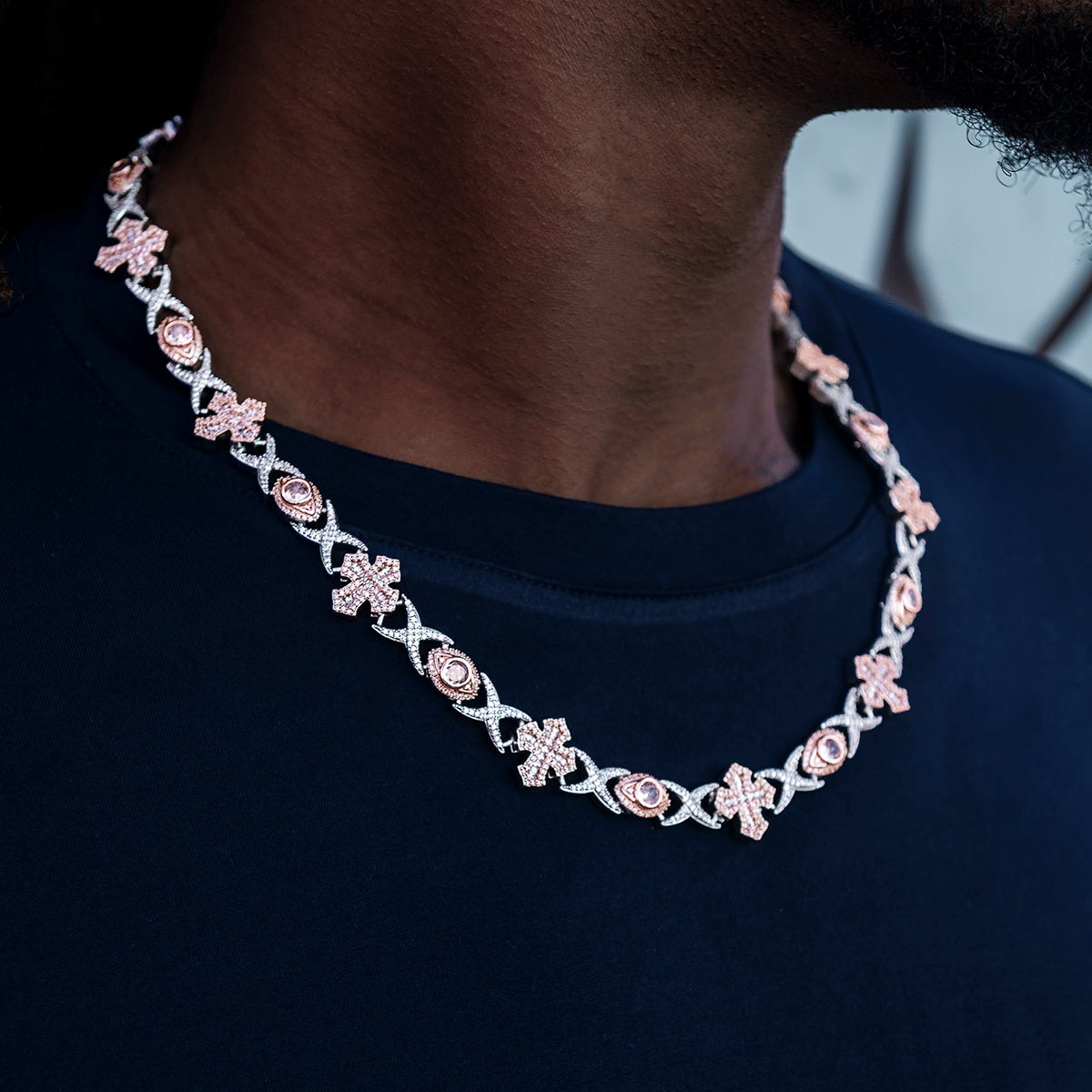 GLD Men Baguette Cross Evil Eye Chain in Rose Gold - 16 mm