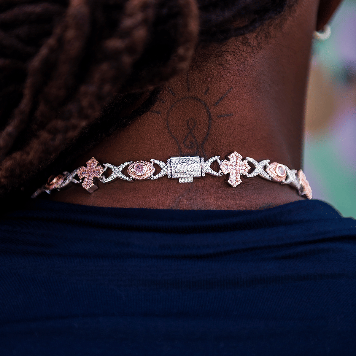 GLD Men Baguette Cross Evil Eye Chain in Rose Gold - 16 mm