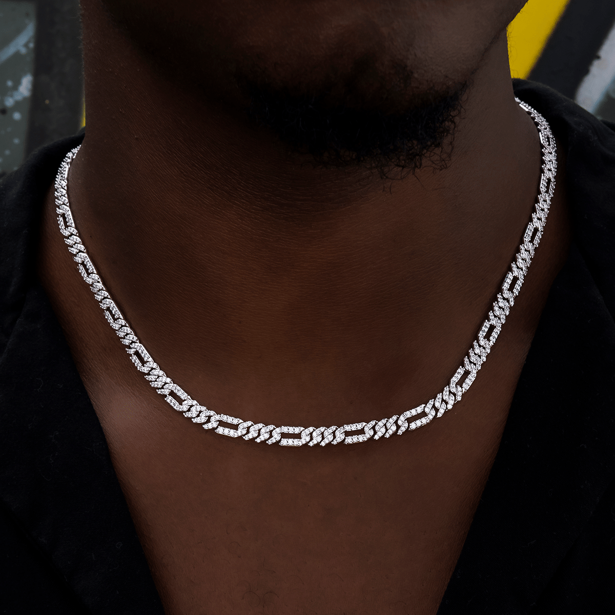 GLD Men Diamond Figaro Chain in White Gold - 6 mm