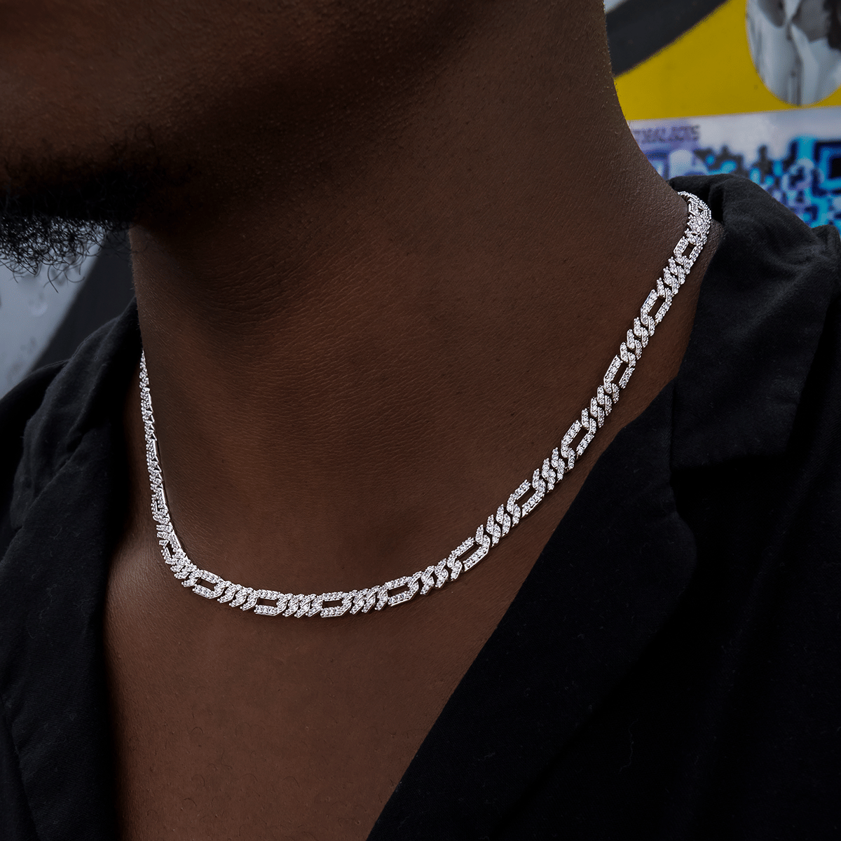 GLD Men Diamond Figaro Chain in White Gold - 6 mm