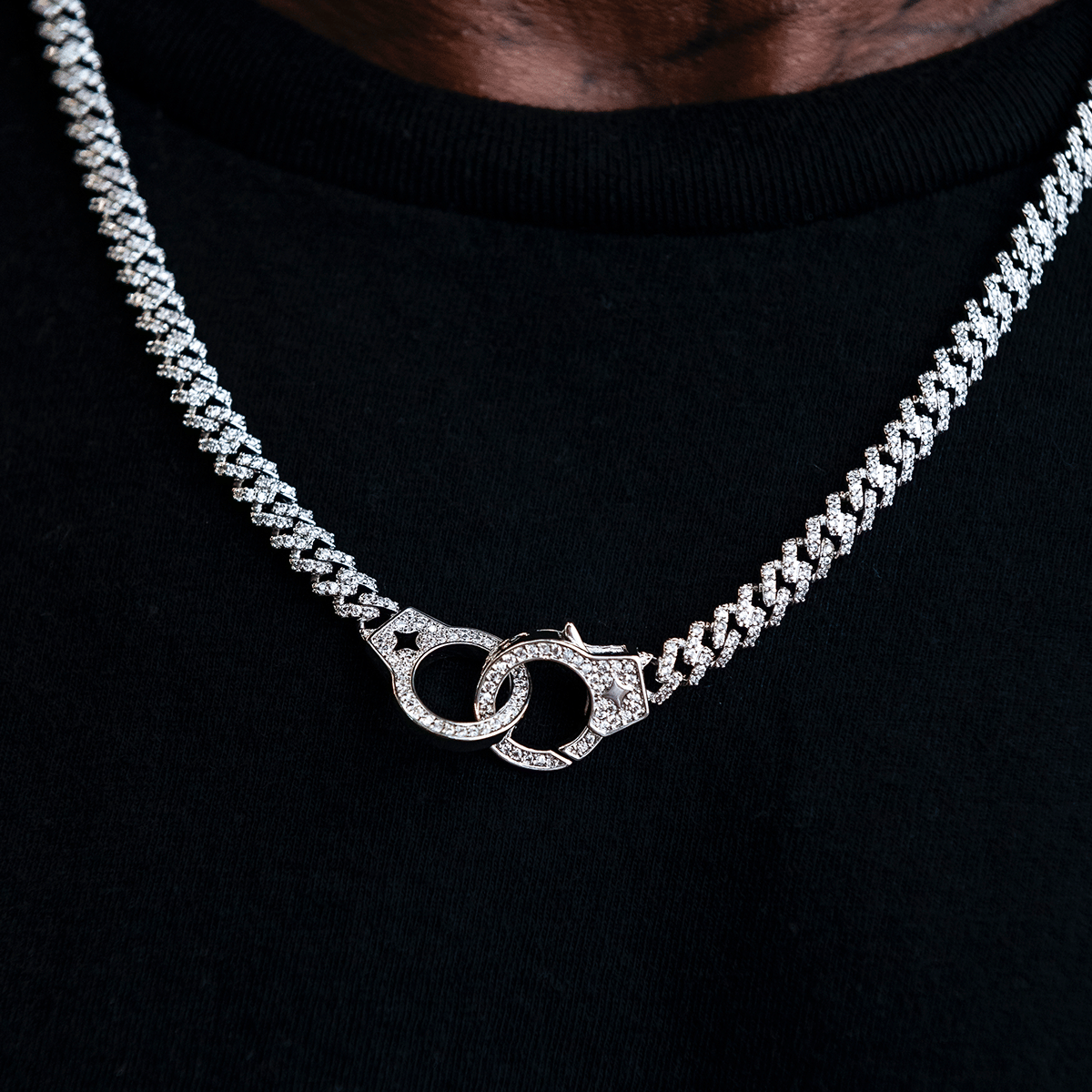 GLD Men Iced Handcuff Diamond Prong Cuban Chain in White Gold