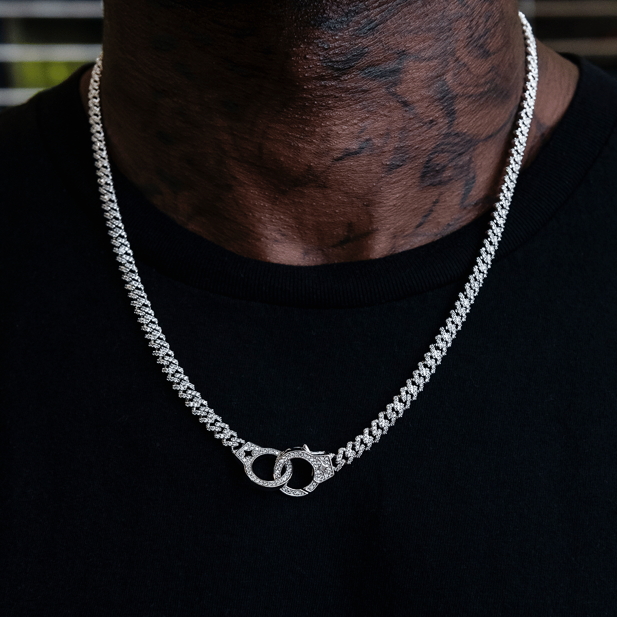 GLD Men Iced Handcuff Diamond Prong Cuban Chain in White Gold