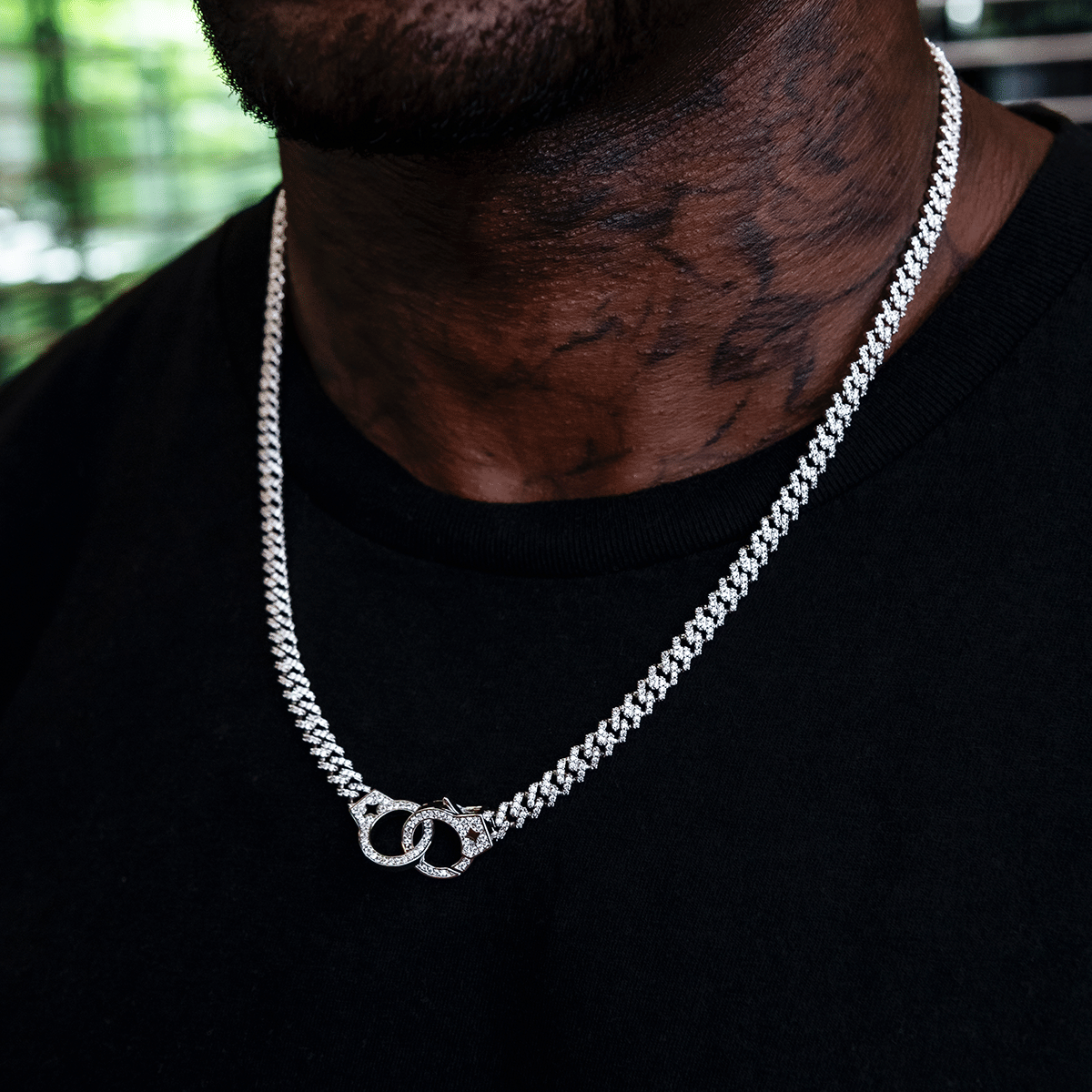 GLD Men Iced Handcuff Diamond Prong Cuban Chain in White Gold