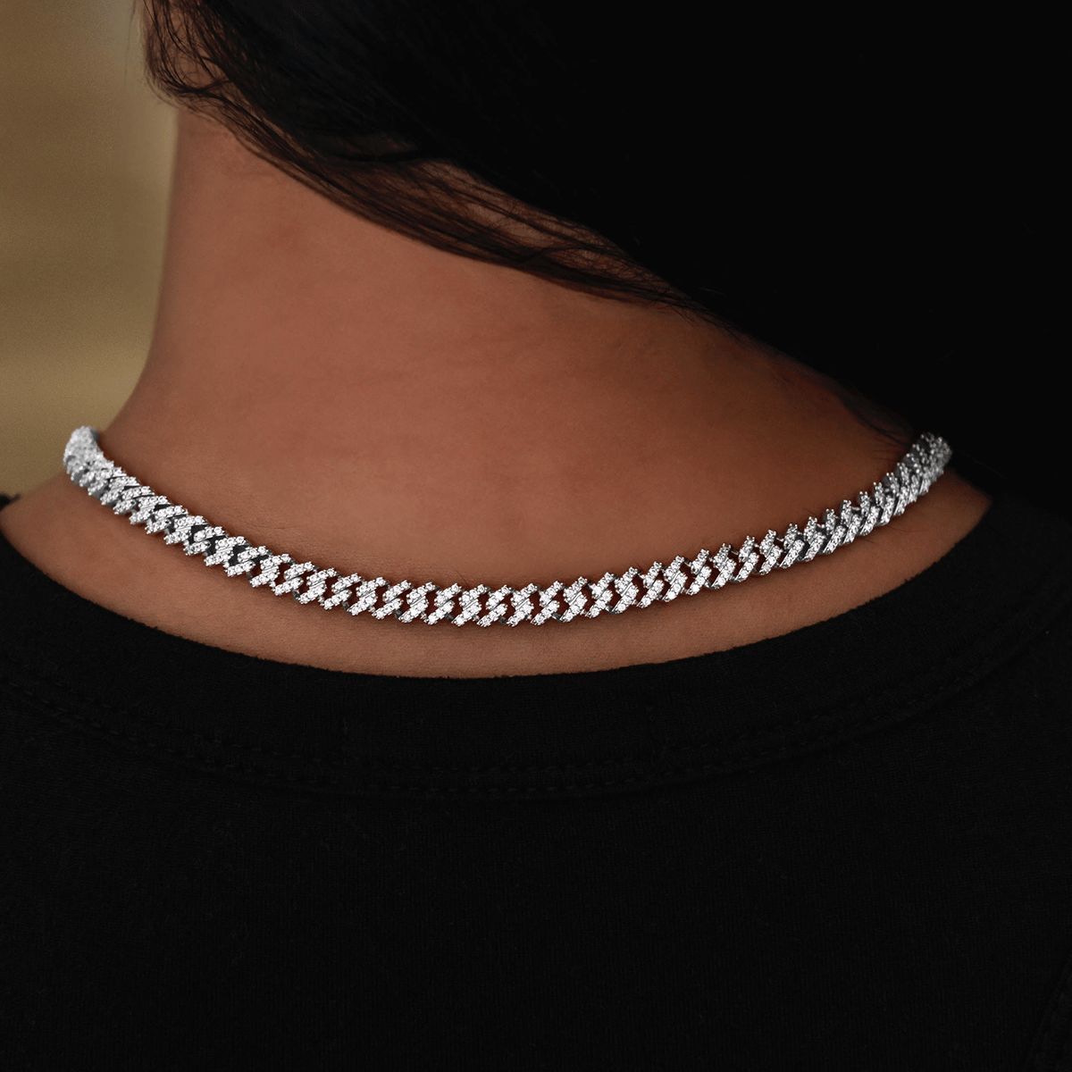 GLD Women Iced Handcuff Diamond Prong Cuban Necklace in White Gold