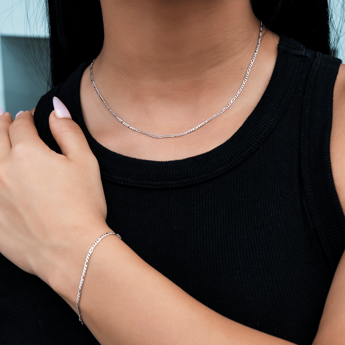 GLD Women Figaro Necklace in White Gold - 2 mm