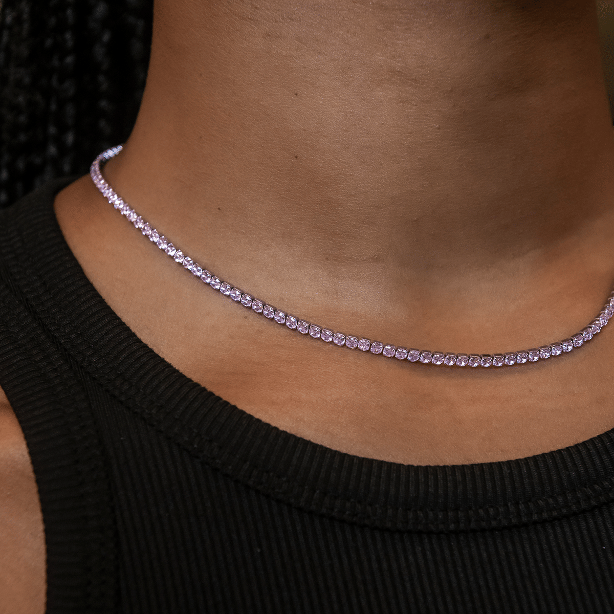 GLD PROMO - WOMEN Pink Diamond Micro Tennis Necklace in White Gold