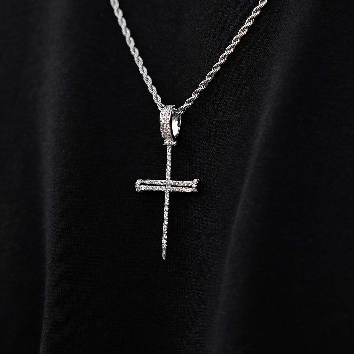 GLD PROMO Iced Nail Cross Pendant in White Gold