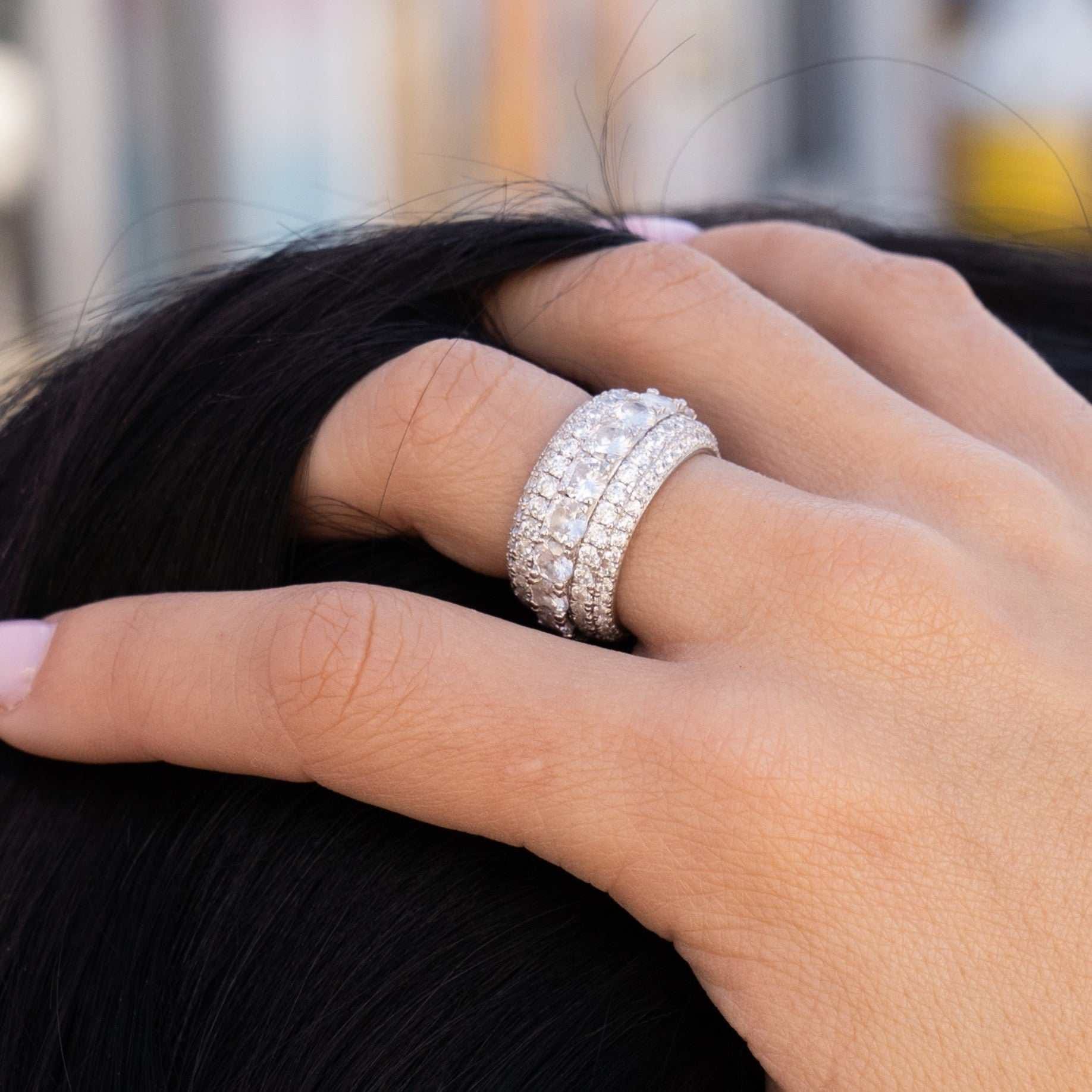 GLD Women 5 Layer Diamond Band Ring in White Gold Vermeil