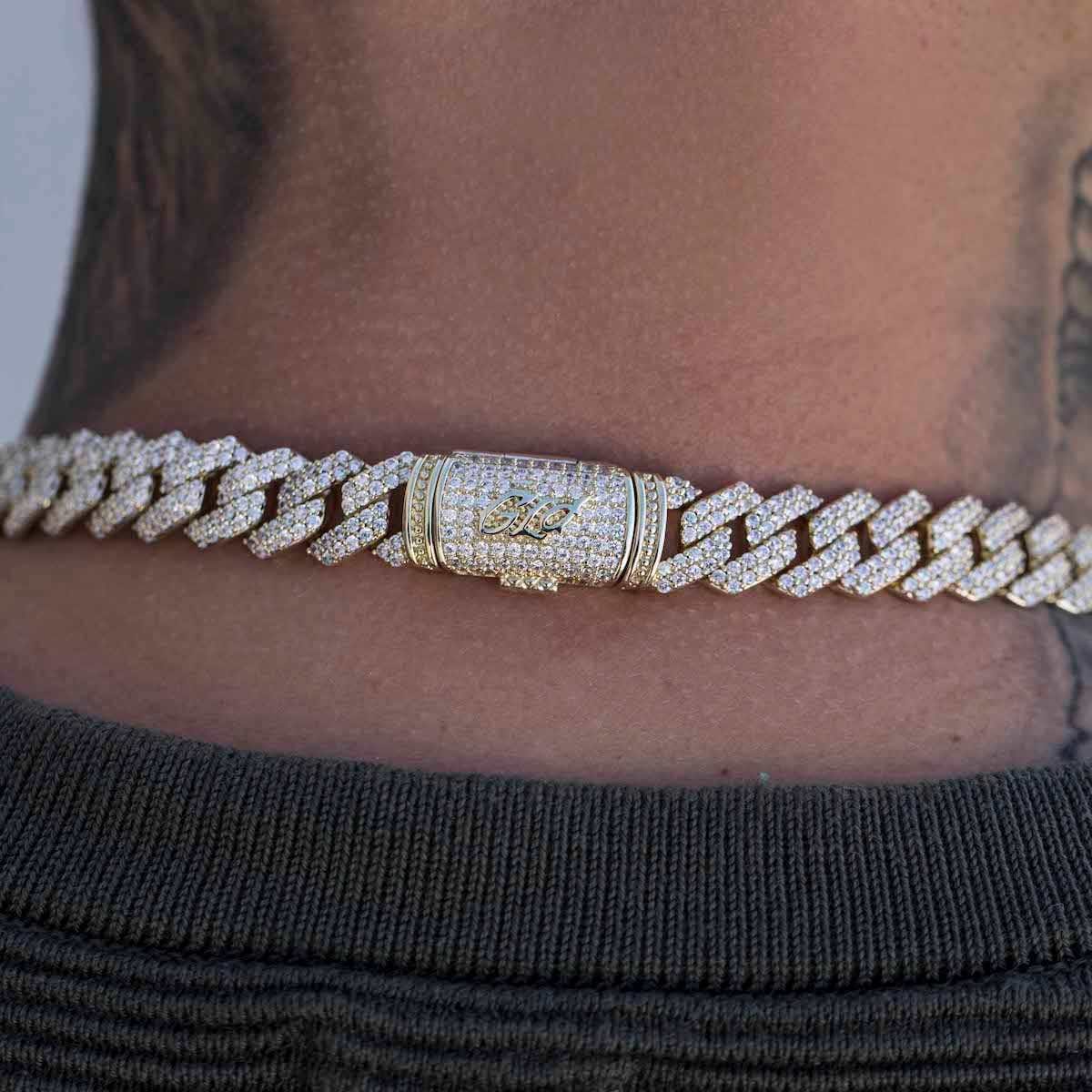 GLD Men Diamond Prong Link Chain in Yellow Gold - 12 mm