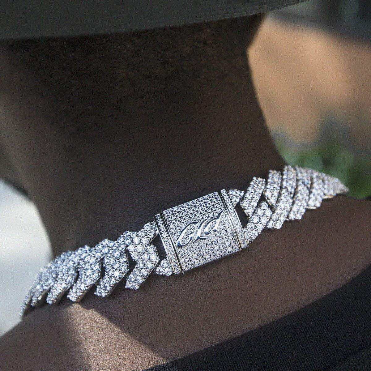 GLD Men Diamond Prong Cuban Chain in White Gold - 19 mm
