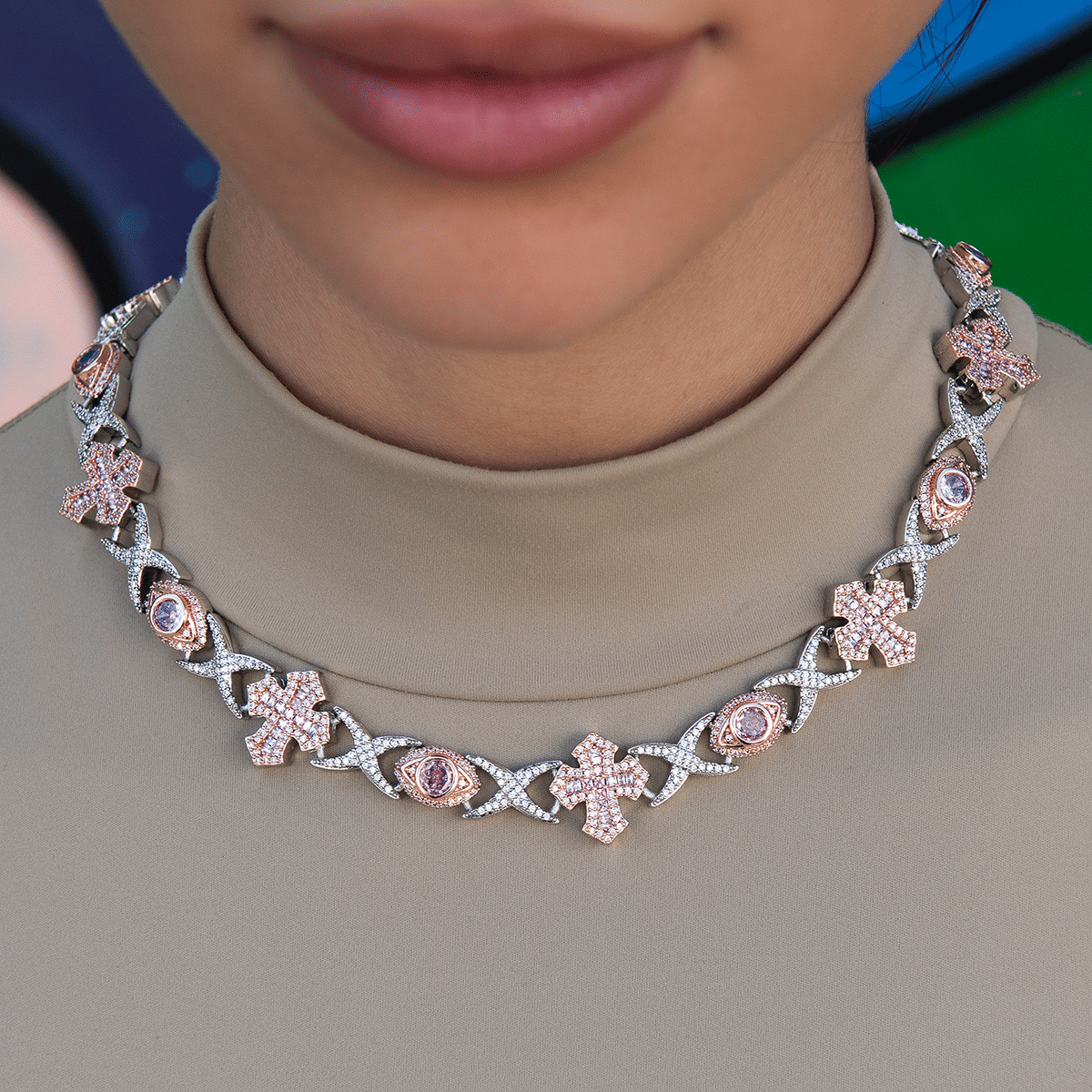 GLD PROMO - WOMEN Baguette Cross Evil Eye Necklace in Rose Gold - 16 mm