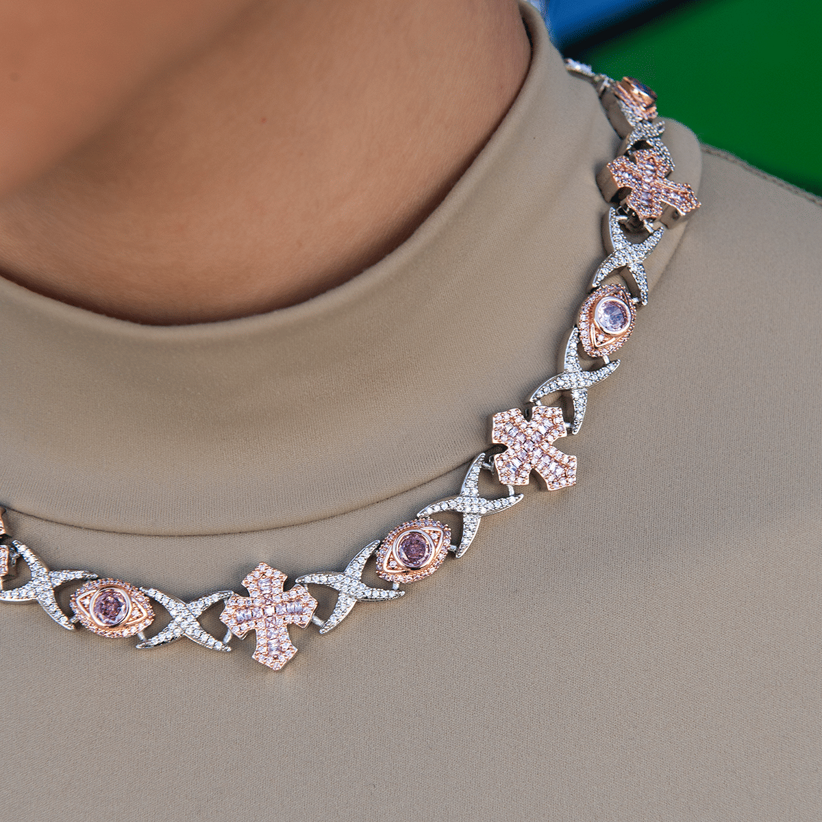 GLD PROMO - WOMEN Baguette Cross Evil Eye Necklace in Rose Gold - 16 mm