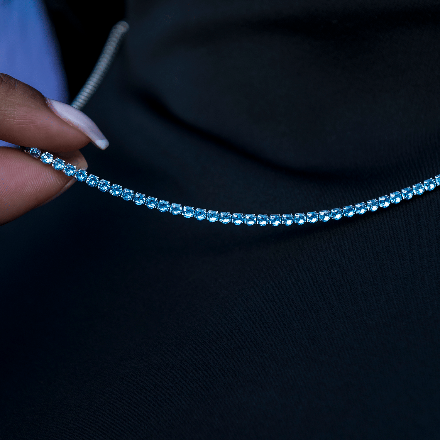 GLD PROMO - WOMEN Blue Topaz Diamond Micro Tennis Necklace in White Gold