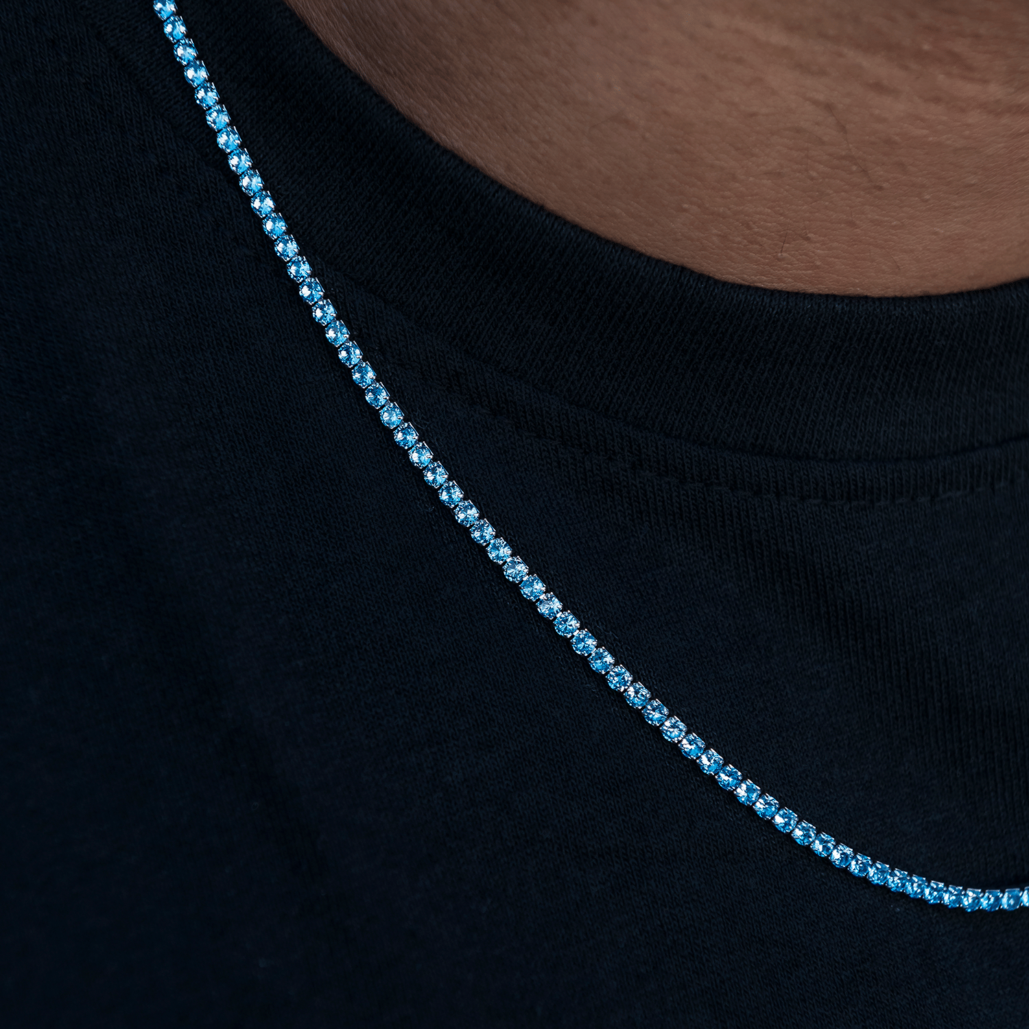 GLD PROMO Blue Topaz Diamond Micro Tennis Chain in White Gold